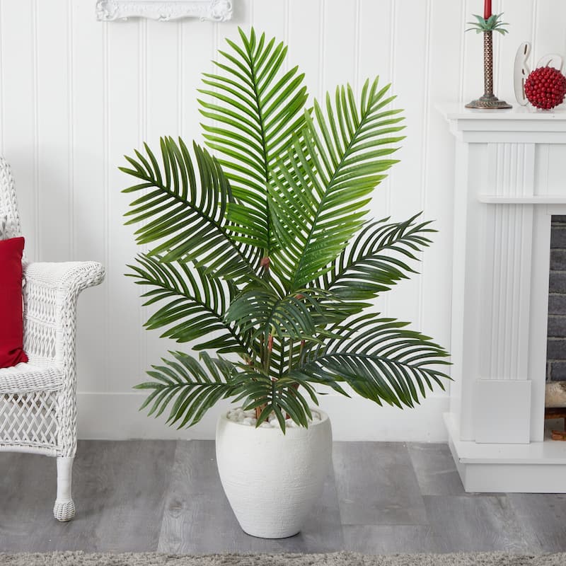 Artificial Palm Tree Indoor 4.5Ft White Planter Tropical Decor Lush Greenery - 4.5ft.