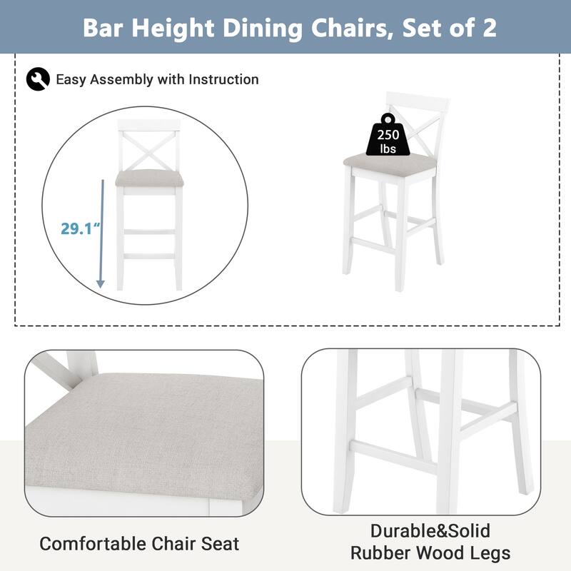 Farmhouse 48"Rectangular Wood Bar Height Dining Set Kitchen Breakfast Nook with 2 Chairs for Small Places