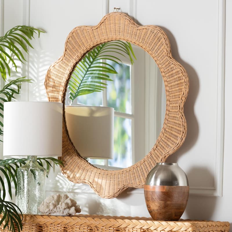Makoto Scalloped Natural Rattan Wall Mirror - Handwoven Wicker Oval Frame, Boho Coastal Accent Decor for Entryway or Bedroom