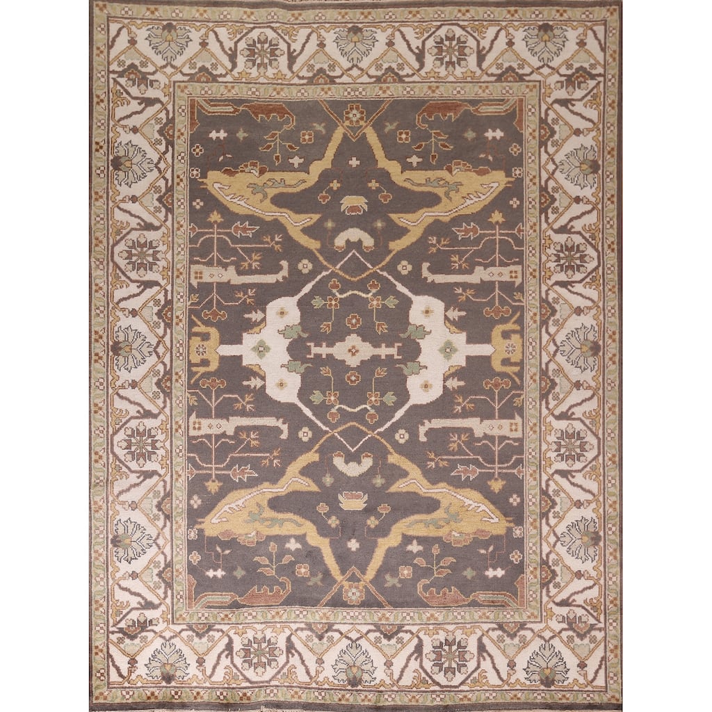 All-Over Gray & Ivory Oushak Indian Area Rug Handmade Wool Carpet - 8'1" x 9'9"