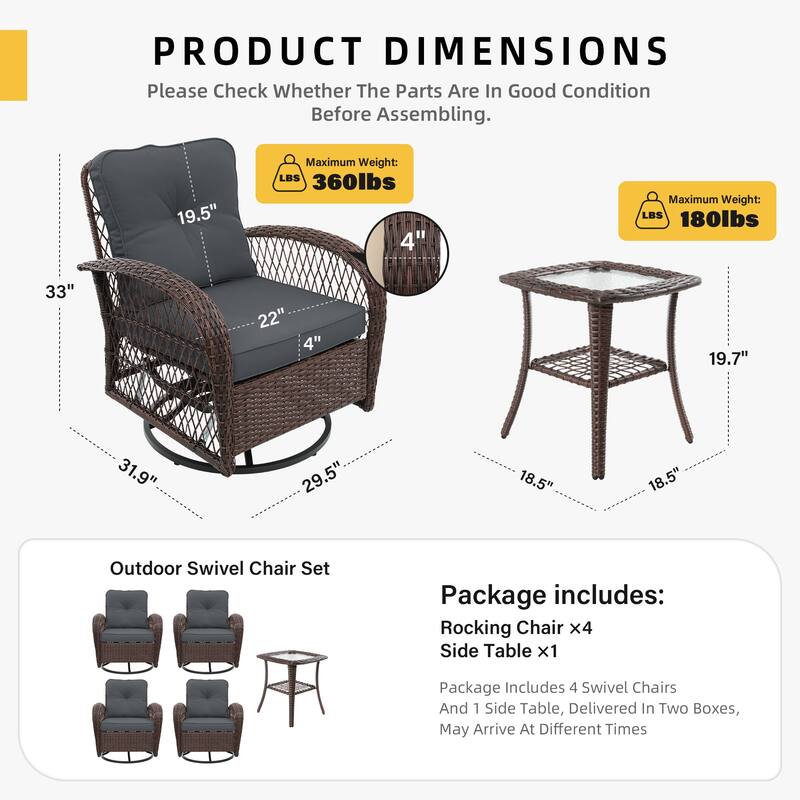 UPHA 5-Piece Patio Outdoor Wicker Swivel Rocking Chair Set with Side Table and Cushions