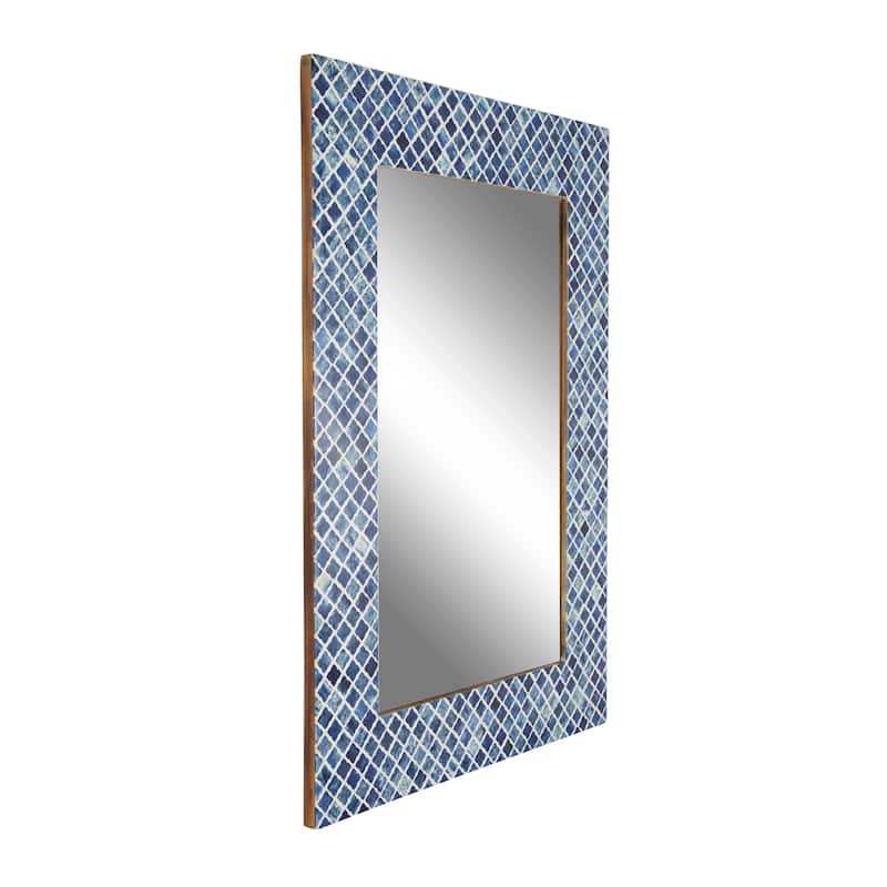 Blue Wood Quatrefoil Room Wall Mirror with Bone Inlay