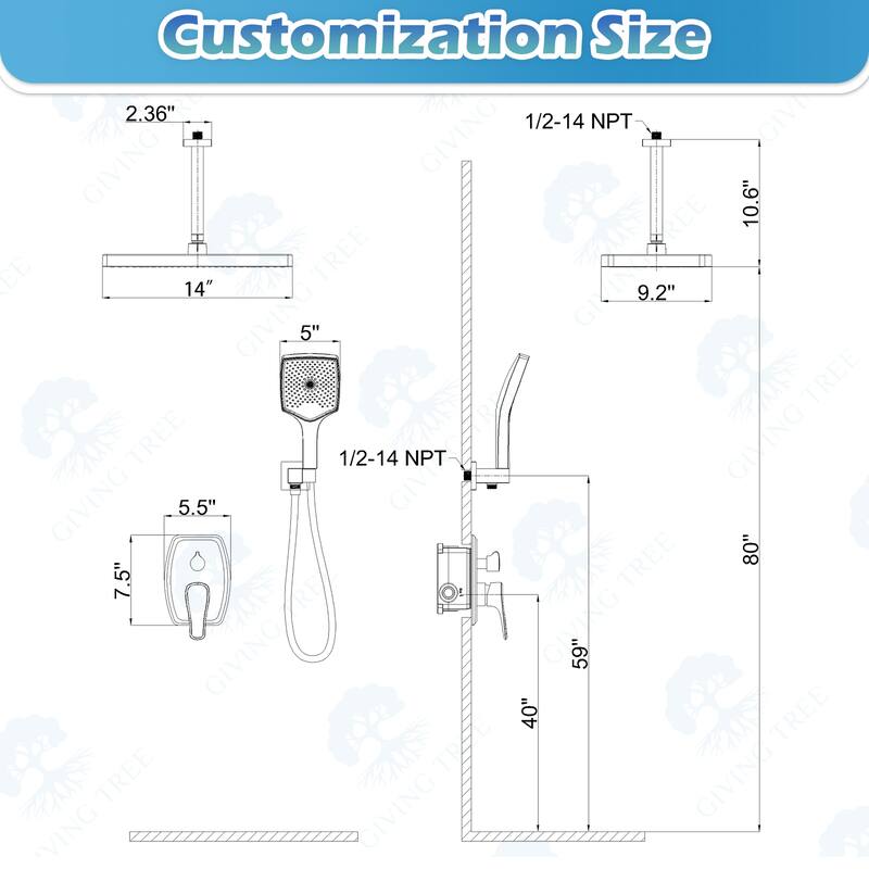 GIVINGTREE Single Handle 3 Spray 14 In.rectangular Ceiling Mounted Shower Faucet With Valve