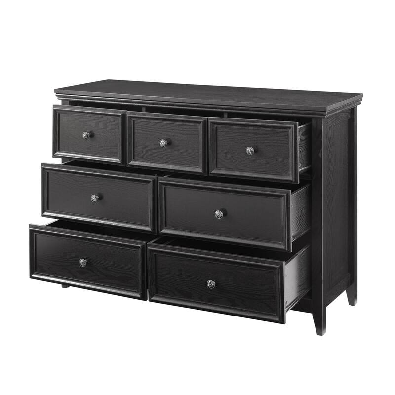 Spacious Black 7-Drawer Dresser, Farmhouse Clothes Organizer Cabinet