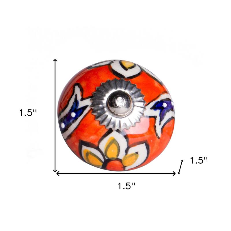 HomeRoots Set of Eight Orange And White Floral Ceramic Drawer Pull Knobs - 1.5" x 1.5" x 1.5"