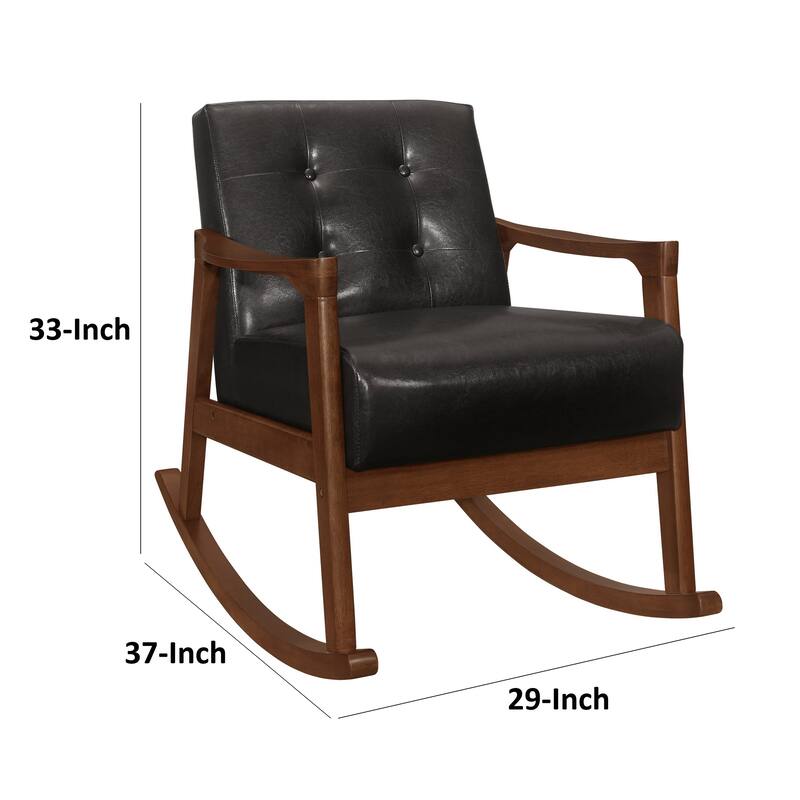 Ciao 37 Inch Rocking Chair Armchair, Dark Brown Faux Leather, Solid Wood