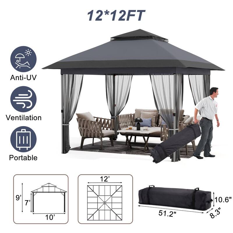 12 X 12ft Pop-up Gazebo, Double Roof Tent with Mosquito Netting
