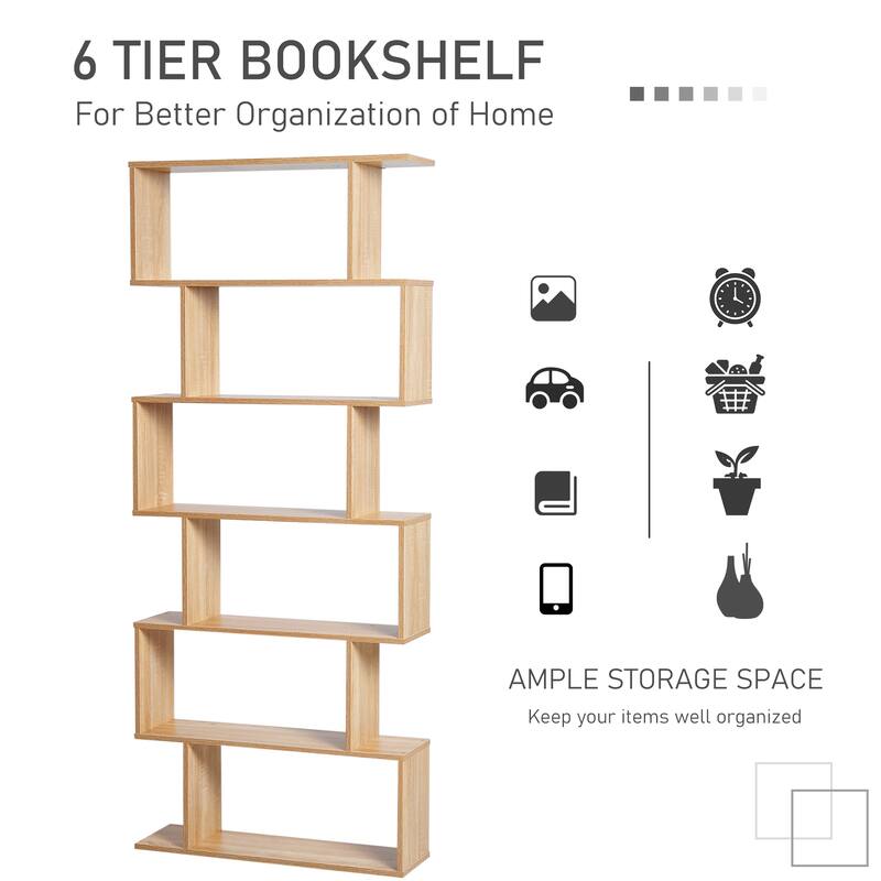 HOMCOM 75.5" H Bookcase 6 Shelf S-Shaped Bookshelf Wooden Storage Display Stand Shelf Organizer Free Standing Oak