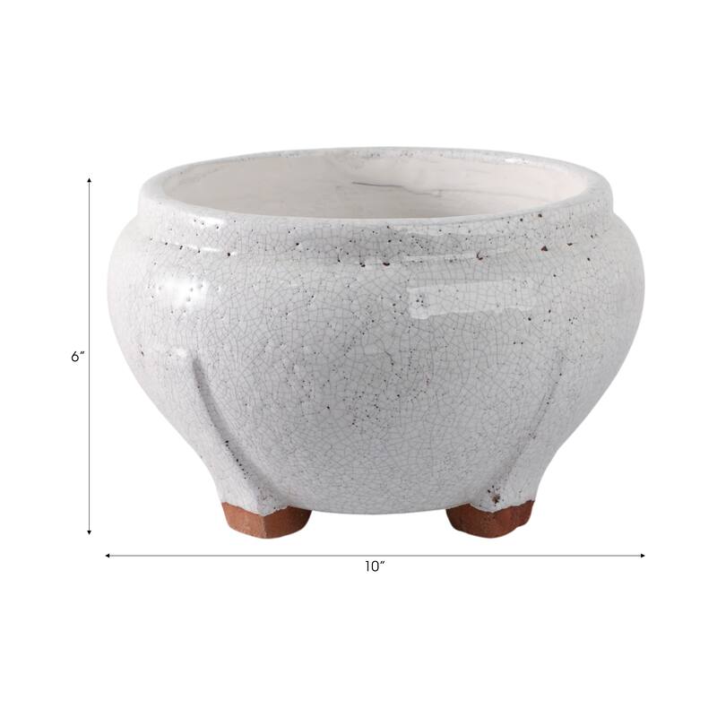 Terracotta Planter Crackled Glaze Round Footed Design - 6" White - 10" x 10" x 6"