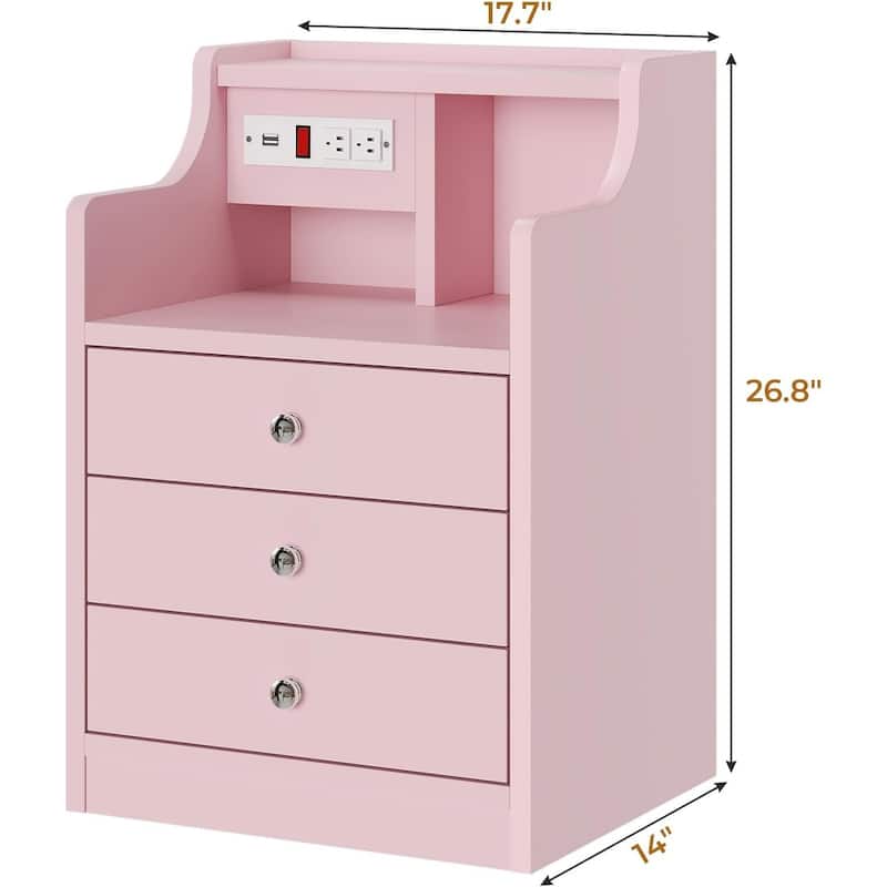 Small Nightstand 3 Drawers Charging Station End Side Table