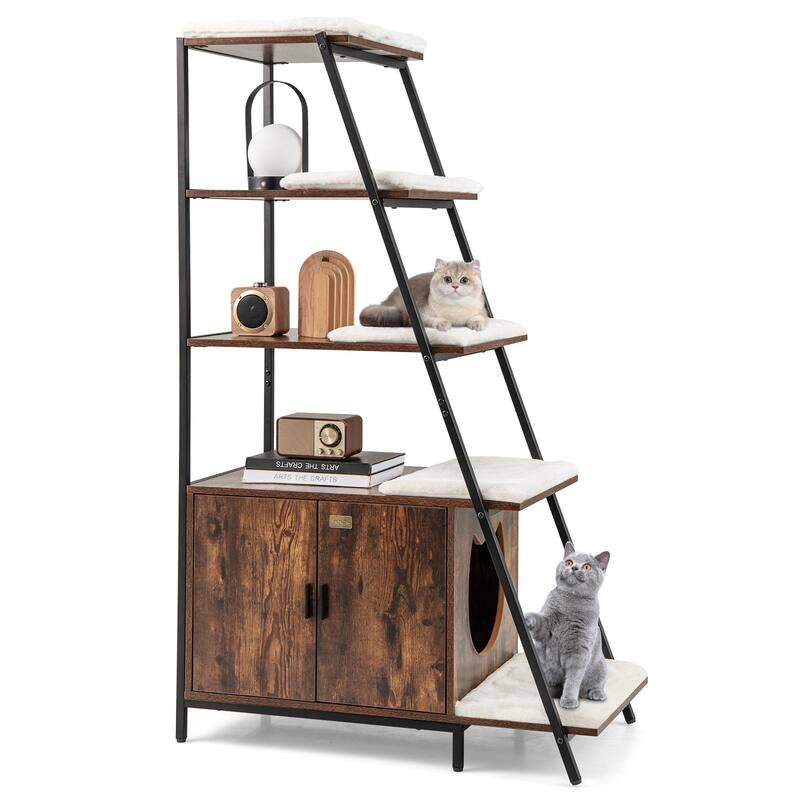 Stylish Large Cat Litter Box Enclosure with Storage and Ladder Shelf for Organization - Rustic-Brown-Black