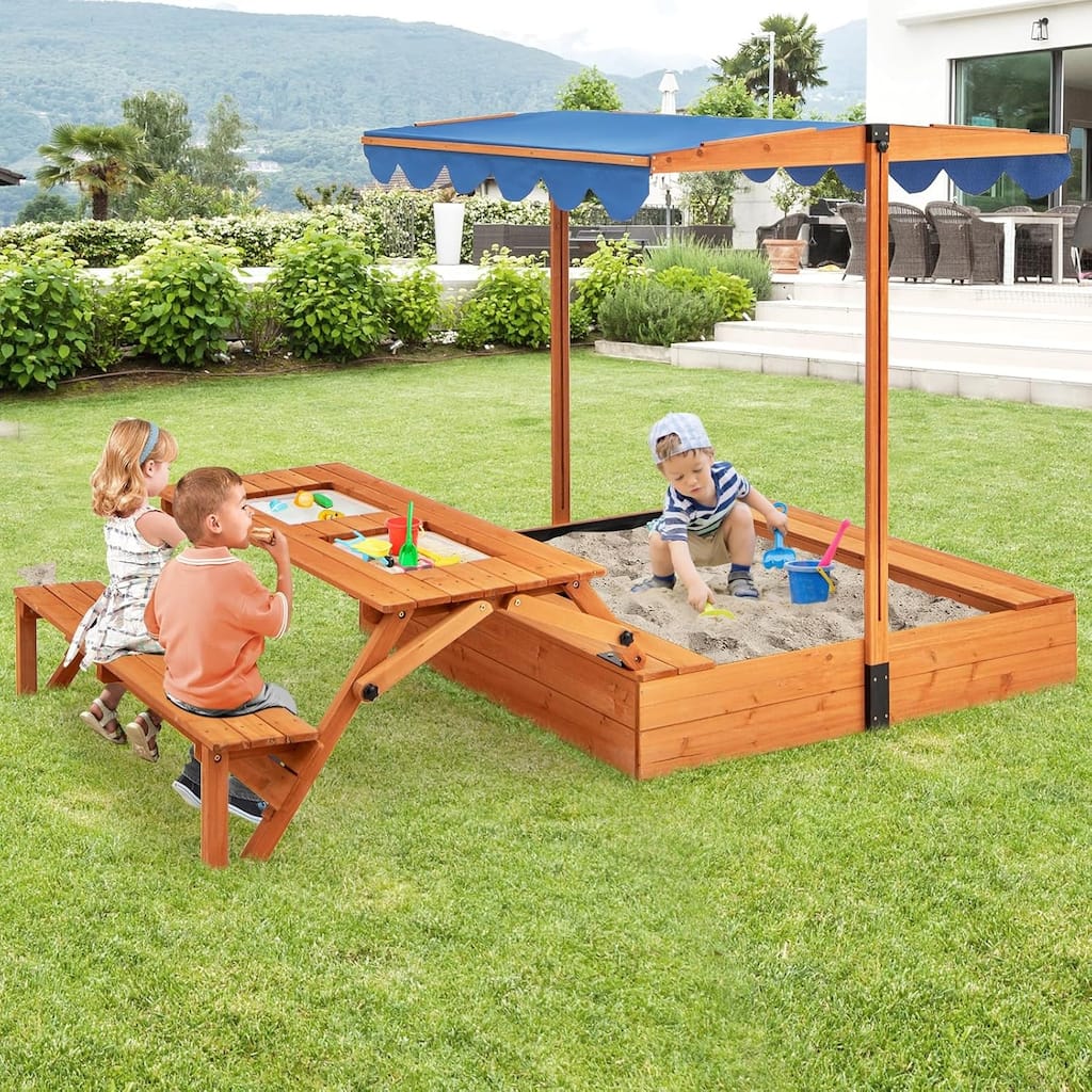 Kids Wooden Sandbox w/ Canopy Foldable Picnic Table & Bench w/ Sandpit