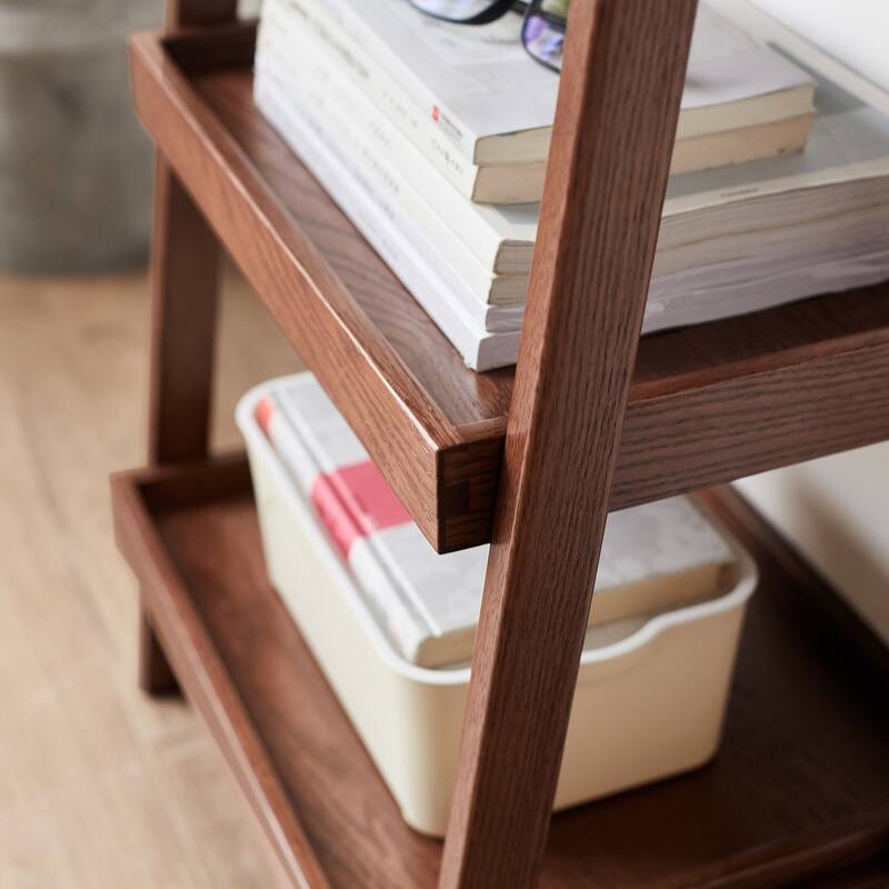 Walnut Finished Oak Wood Storage Ladder Shelf