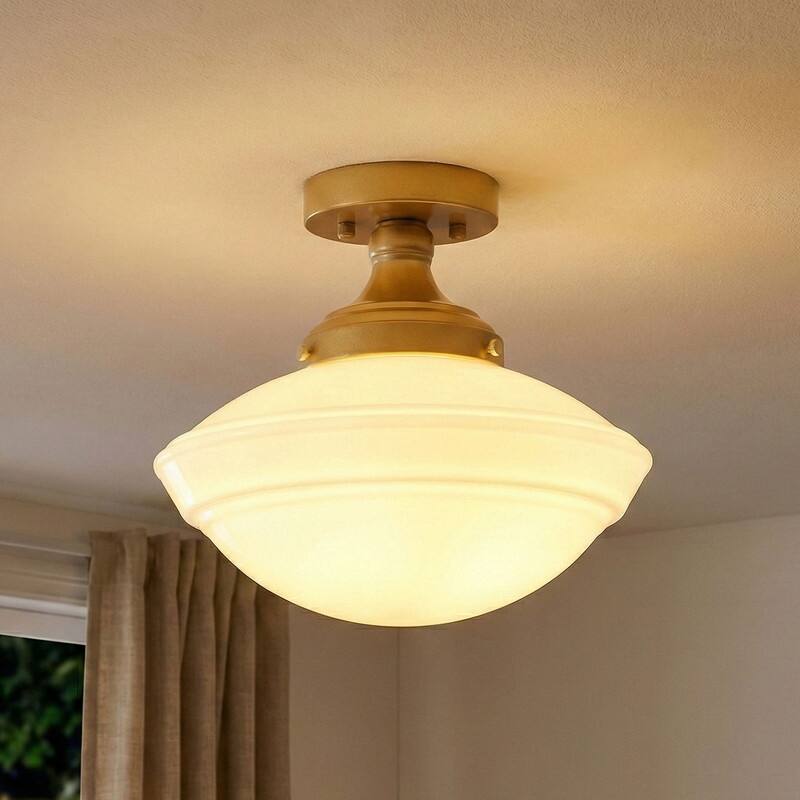 Modern Gold Flush Mount Ceiling Light with White Glass Shade Iron Fixture for Bathroom Bedroom Hallway