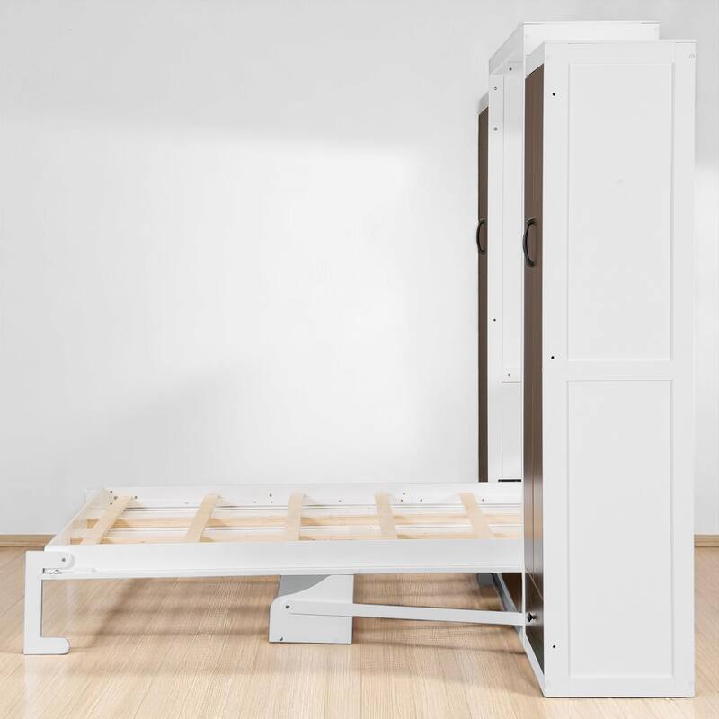Full/Queen Murphy Wall Bed with Wardrobes, Drawers & Desk, Foldable White Bed with Storage and LED Light