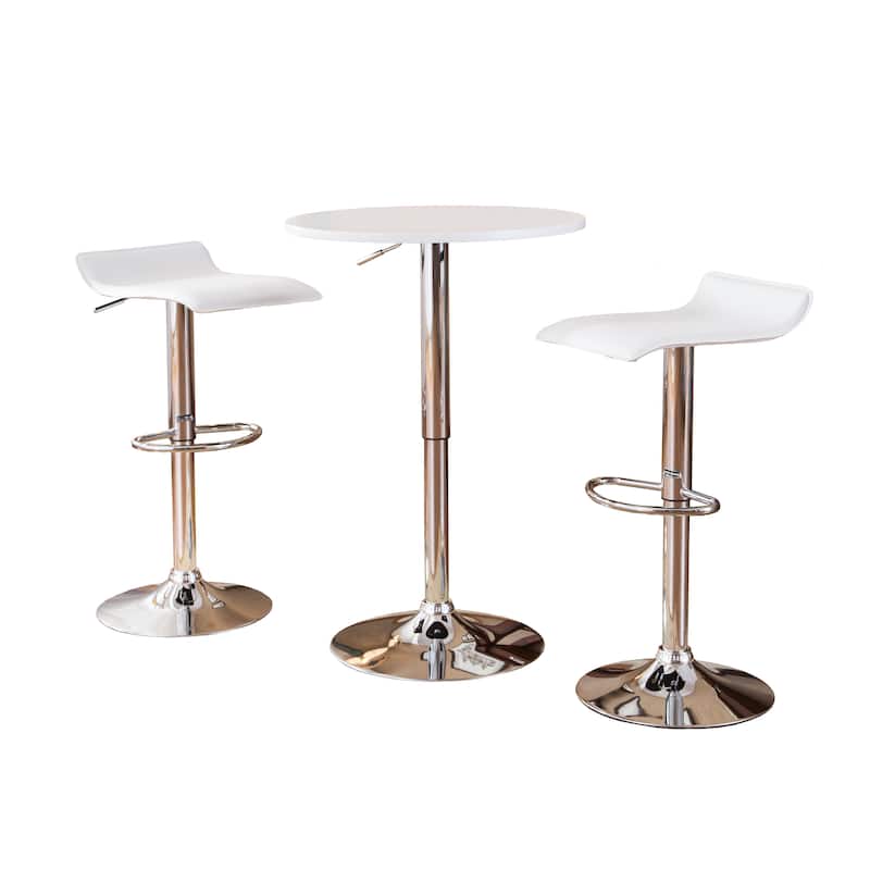 White Adjustable Height Wood and Chrome Metal Bar Table and 2 Chrome Air Lift Adjustable Swivel Stools Set