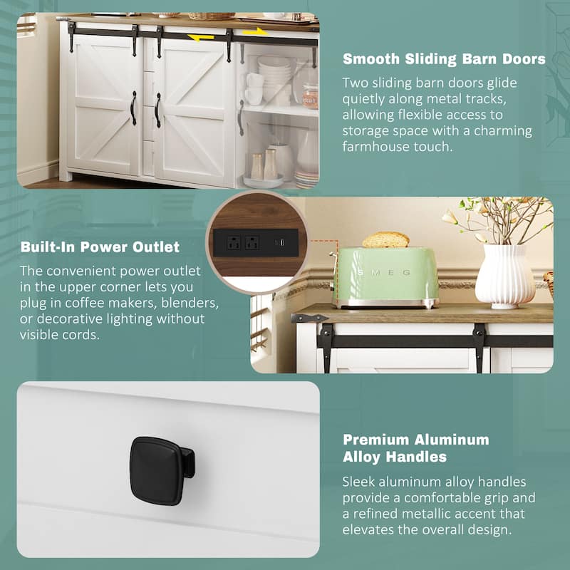 Sideboard with Sliding Barn Doors & 4 Storage Drawers, Wood Buffet Cabinet Table with Power Outlet & Adjustable Shelves