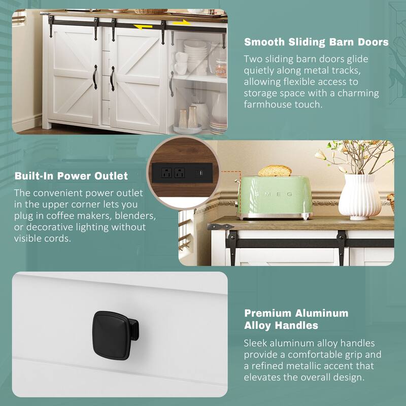 Wood Buffet Sideboard with Charging Station, Farmhouse Coffee Bar Cabinet with Sliding Barn Doors and 4 Drawers
