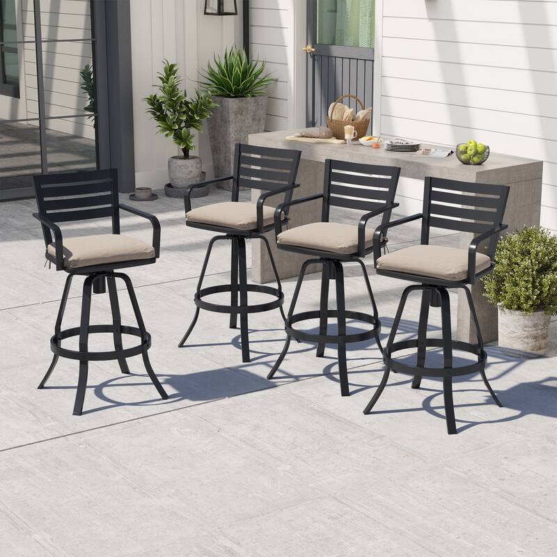 Outdoor Aluminum Swivel Bar Stools Sunbrella Textilene Sling Patio Barstools - Canvas Antique Beige - 4PC