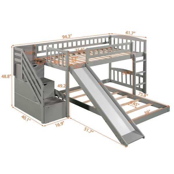 dimension image slide 1 of 2, Stairway Twin over Twin Bunk Bed with Two Drawers and Slide, Gray
