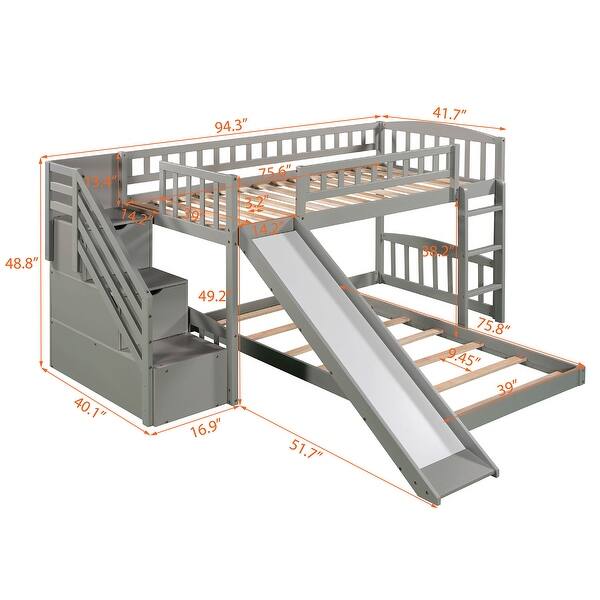 dimension image slide 0 of 2, Twin Bunk Bed with Slide, Drawers, and Stairway Ladder, Space-Efficient Design