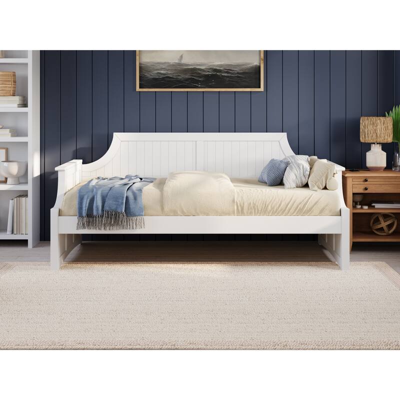 Twin Daybed - White Wood Frame, Curved Back & Beadboard Design - Guest Bed & Relaxation