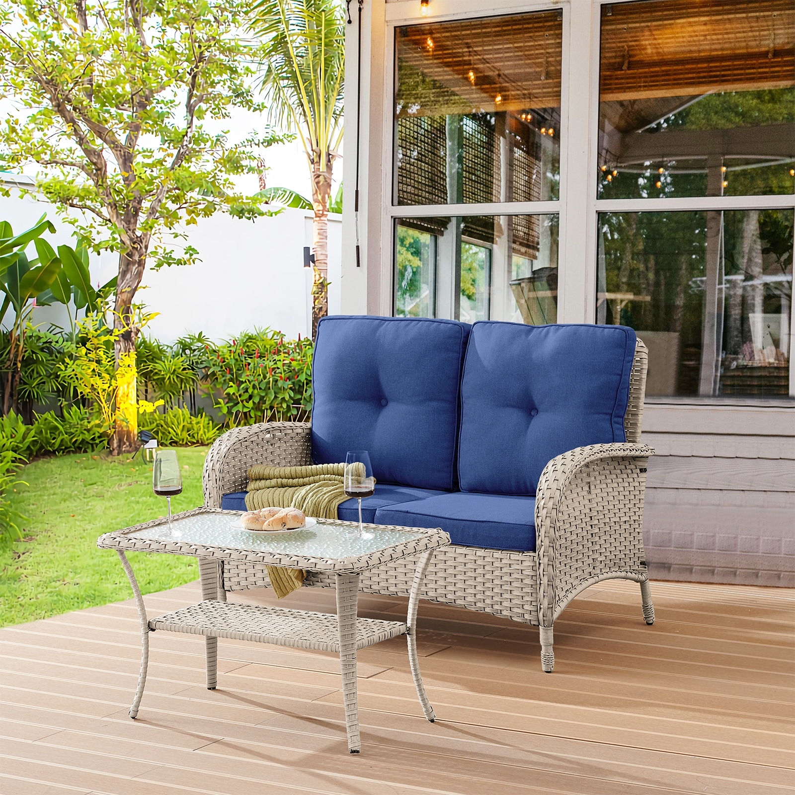 Pocassy 2 Piece Outdoor Sofa Couch with Coffee Table Set On Sale