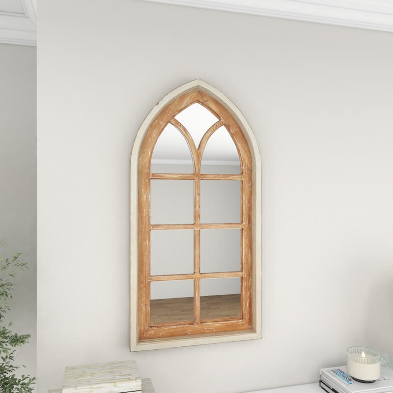 Wood Window Pane Inspired Room Wall Mirror with Arched Top and Distressing - Brown - Roche River Decor