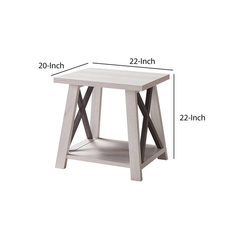 Tess 22 Inch Farmhouse End Table, 1 Shelf, Wood, White Oak, Distressed Grey - 20 L x 22 W x 22 H Inches