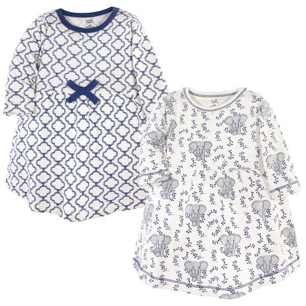 slide 1 of 1, Touched by Nature Baby and Baby Girl Organic Cotton Long-Sleeve Dresses 2pk, Blue Elephant 0-3 Months - Baby Toddler Blue Elephant Long Sleeve