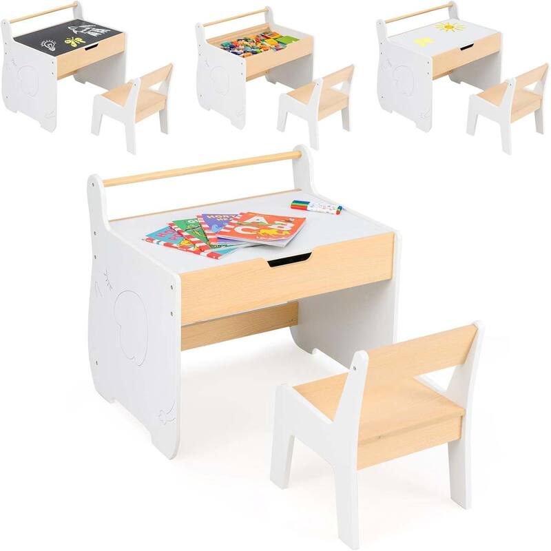 3-in-1 Children Wooden Activity TableWhite Kids Table＆Chair Set - White