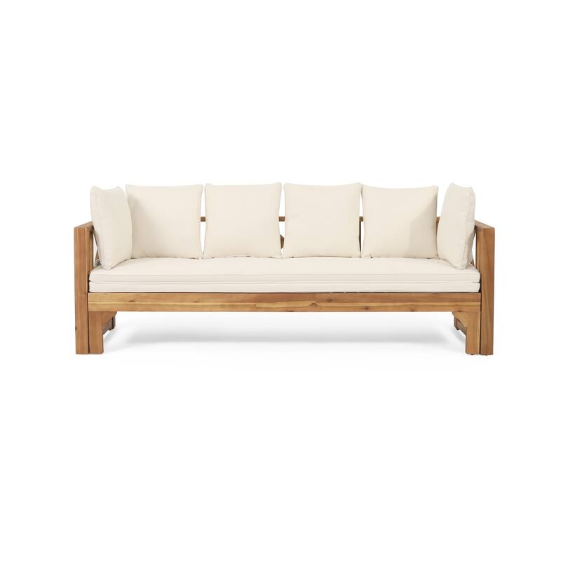 Outdoor Extendable Acacia Wood 3 Seater Sofa, Upholstered Cushion Couch, Daybed Sofa Chair, Spacious Seating Lounge Chair