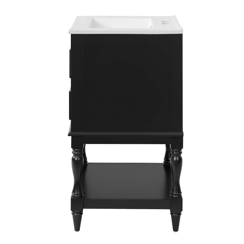 24" Bathroom Vanity with Ceramic Sink, Bathroom Storage Cabinet with Open Shelf, Retro Design Bathroom Cabinet with 2 Drawers