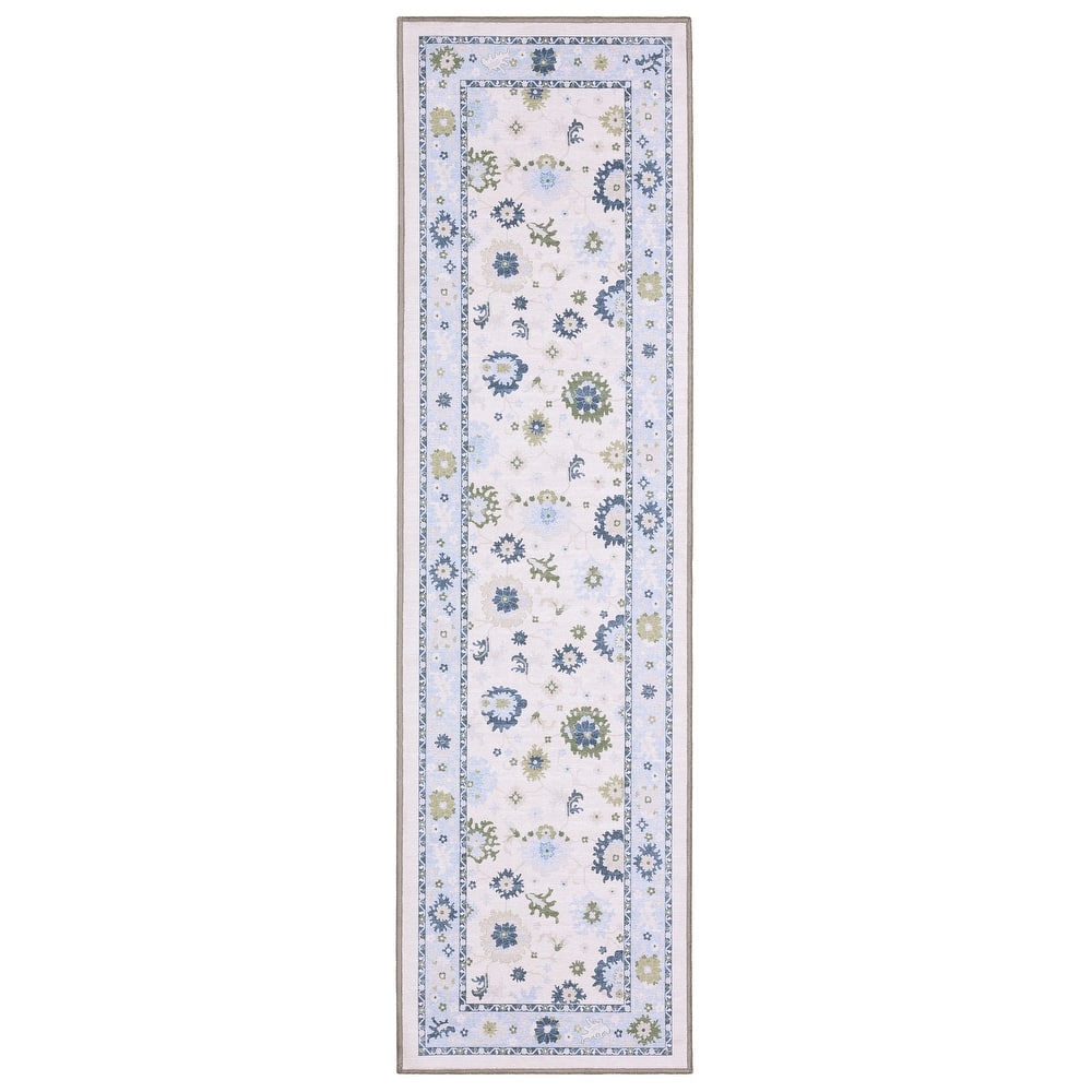 Addison Floral Traditional White/Blue Printed Washable Flat Pile Rug