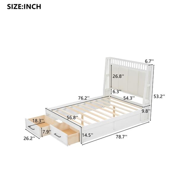Full Platform Kids Bed Frame with Upholstered Headboard & Drawers, White
