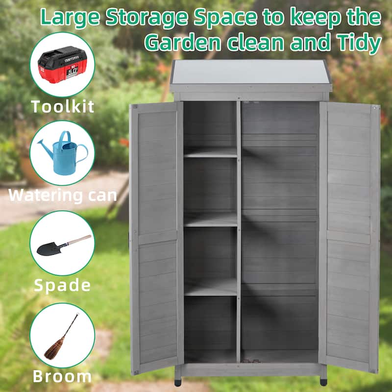 Outdoor Storage Cabinet with Magnetic Door, Garden Storage Shed with Rust-proof and Waterproof Metal Top, Wood Tall Shed