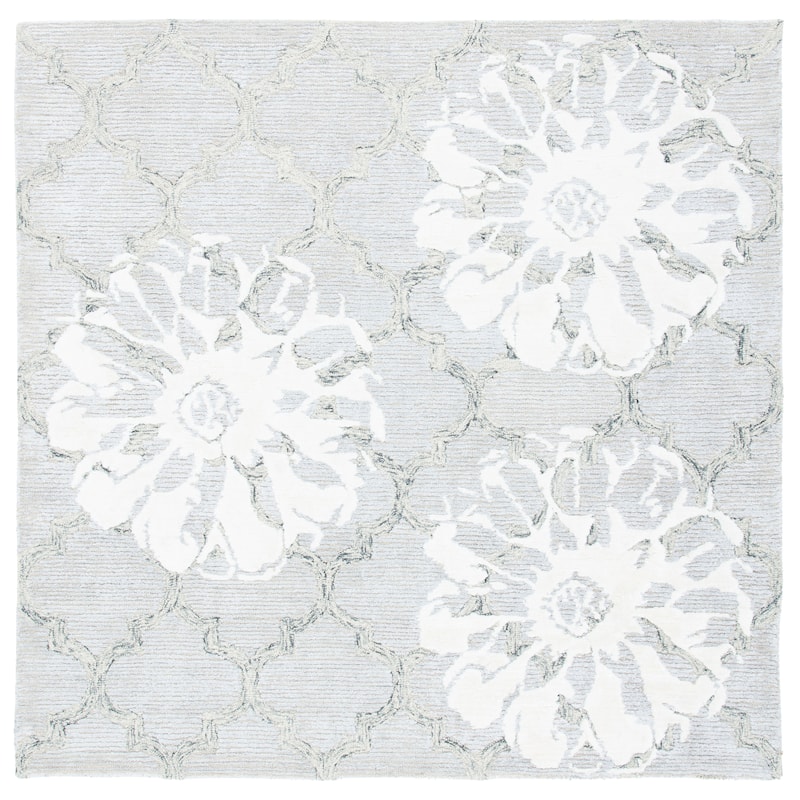 SAFAVIEH Handmade Glamour Florelle Floral Trellis Wool/ Viscose Rug - 6' Square - Silver/Ivory