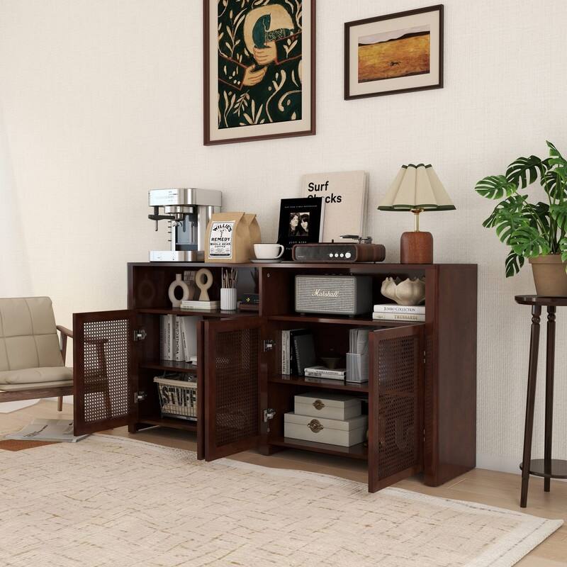 Mid Century Modern 63" Wide 4 - Cane Rattan Door Storage Sideboard with Open Shelf, Wine Bar Credenza for Living Room Entryway