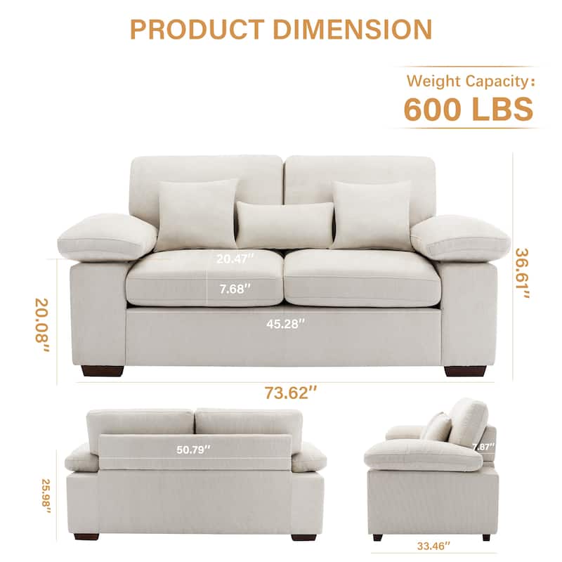 Plush Chenille Loveseat 73" - Includes Bonus 3 Pillows & Removable Back Cushion - Living Room 2-Seater Sofa