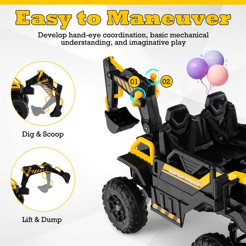 Costway 24V Ride On Excavator, 4WD Electric Truck Construction Vehicle - as pic shows - See Details