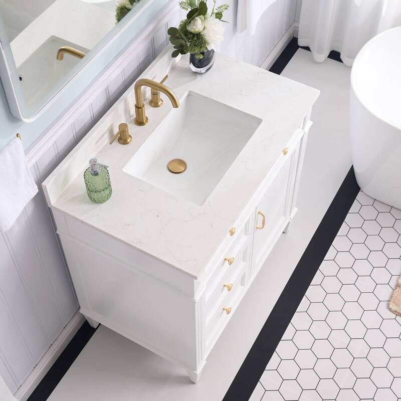 35''H Solid Wood Bath Vanity With Carrera White Quartz Top and Sink