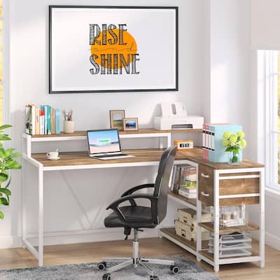 55-Inch L-Shaped Home Office Desk with Monitor Riser, Drawers, and Storage Shelves, Corner Computer Desk for Small Spaces