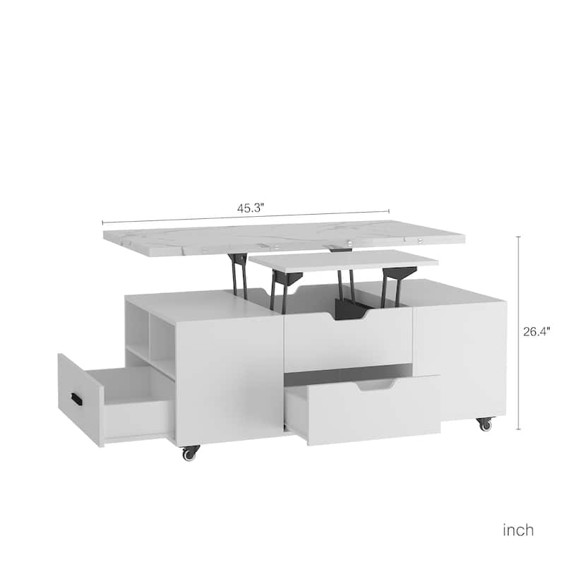 Modern Lift-Up Coffee Table with 2 Stools Set for Living Room Expandable Hidden Storage + Drawers Space Saving Folding Table