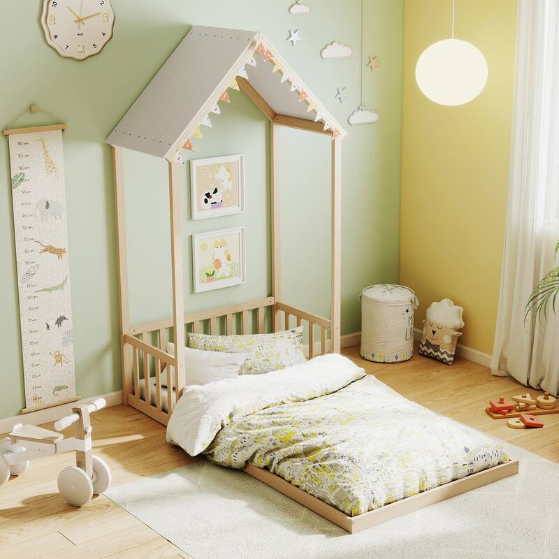 Twin Size Wooden Montessori Floor Bed with House Shape Frame and Semi-Fence Railings for Kids Room - Natural