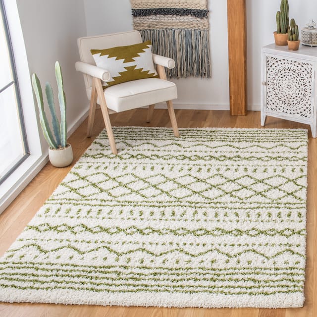 SAFAVIEH Arizona Shag Lotta Moroccan 1.2-inch Thick Rug - 3' x 5' - Ivory/Green
