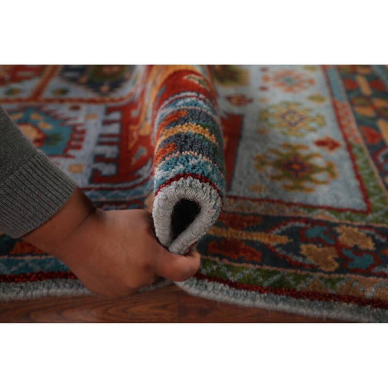 Blue Geometric Oushak Oriental Area Rug Hand-Knotted Wool Carpet - 3'11"x 5'11"