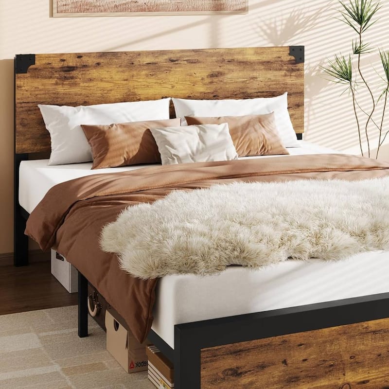 Rustic Queen Size Bed Frame with Wood Headboard
