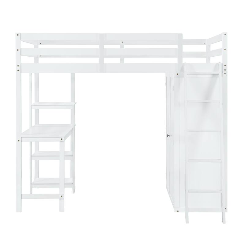 All-in-one Loft Bed with Desk, Storage Shelves and Wardrobe, Full Size