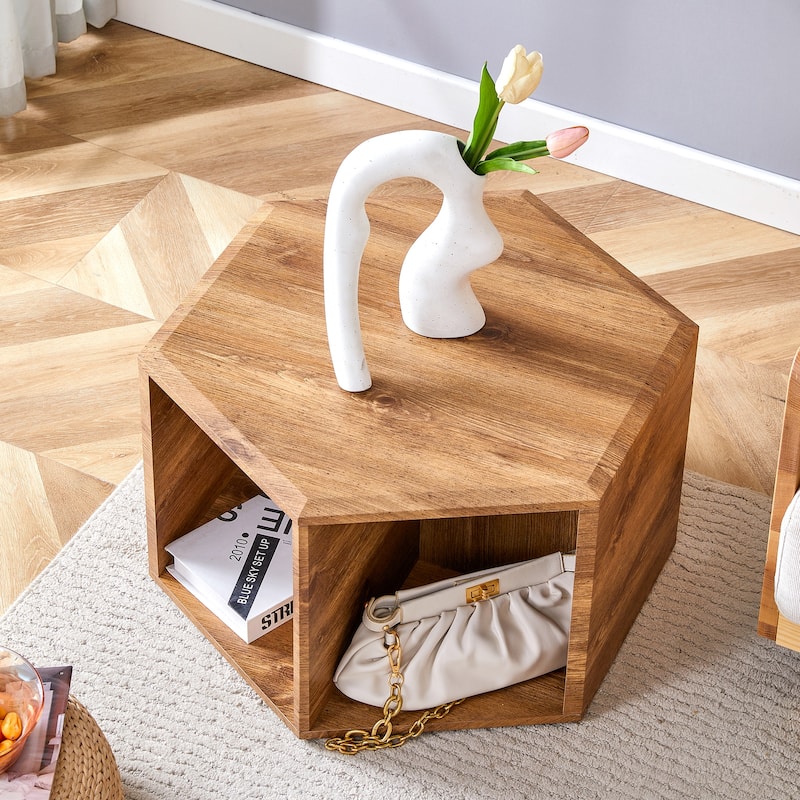 Hexagonal Coffee Table with Open Storage Space Multifunctional Wooden Side Table Small Apartment Center Table - Wood color