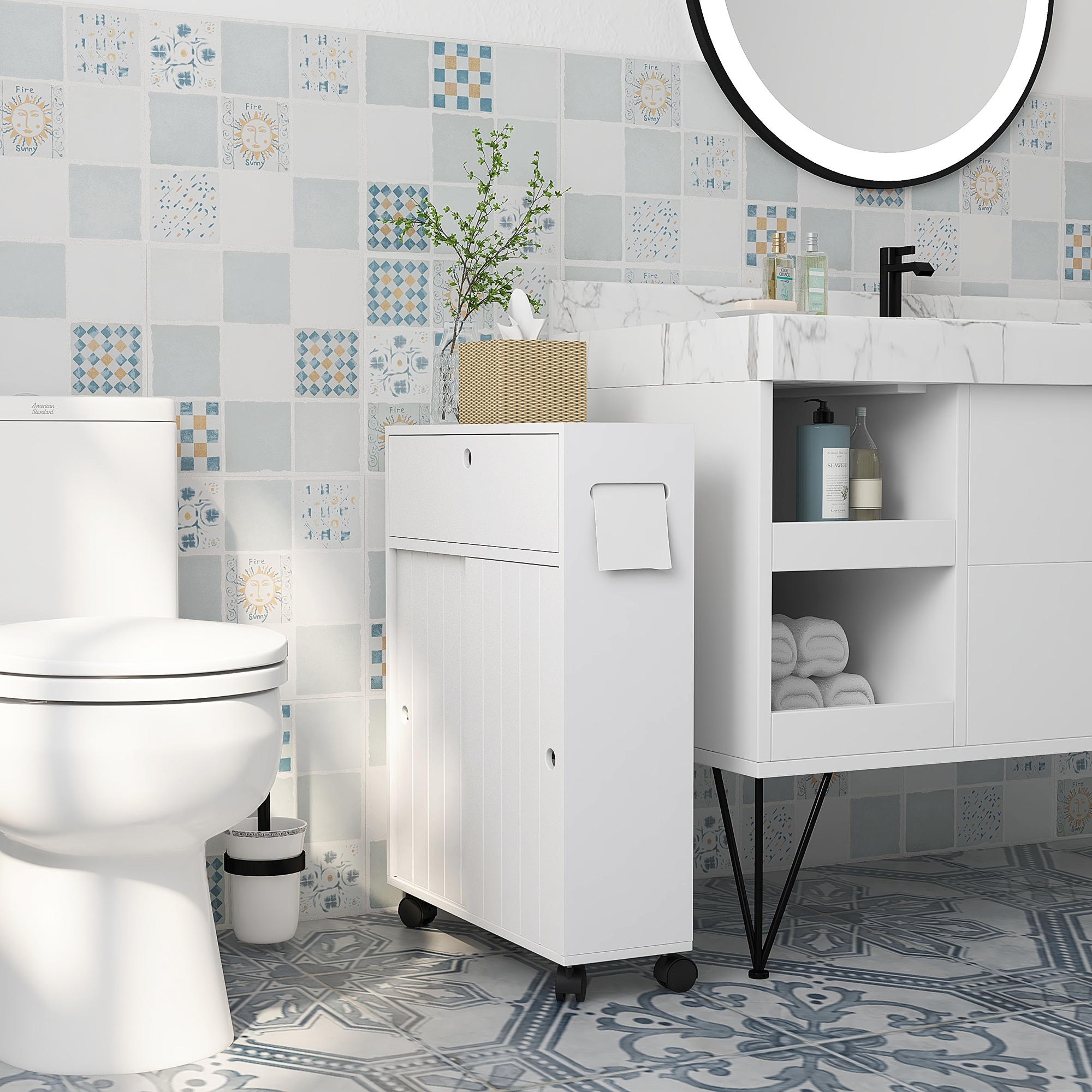 kleankin Toilet Paper Cabinet, Slim Bathroom Cabinet with 4 Rolling Wheels, Small Bathroom Storage Cabinet with Paper Holes